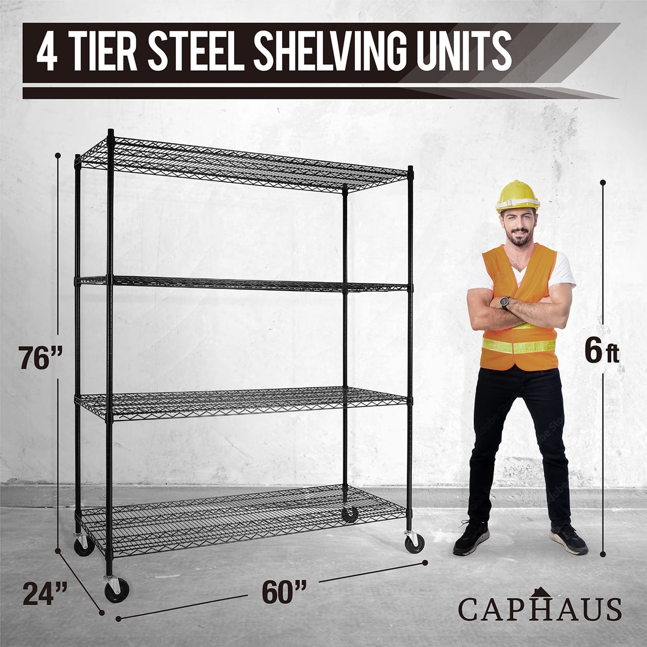 CAPHAUS 4-Tier Commercial Grade Heavy Duty Adjustable Height Wire Shelving w/ Wheels & Leveling Feet, Storage Metal Steel Shelf, Garage Shelving Storage, Utility Wire Rack Storage Shelving Unit