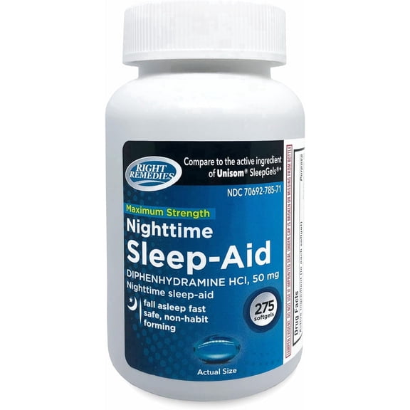Nighttime Sleep Aid Softgels, Diphenhydramine HCI 50 mg, Fall Asleep Fast, Supports Deeper, Restful Sleep (275 softgels)