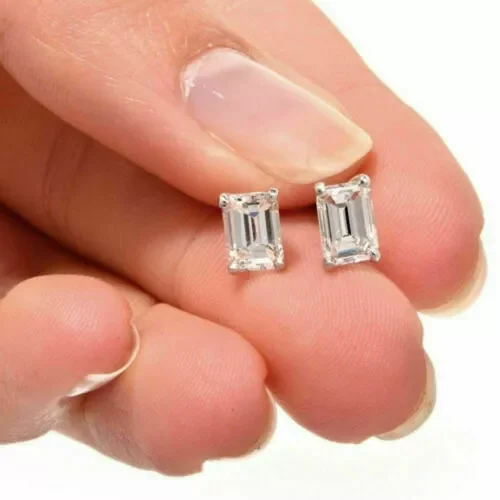 2ct Emerald Cut Lab Created Diamond Solitaire Stud Earrings 14k White Gold Plated