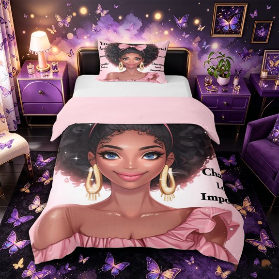 Castle Fairy Girly Black Woman Twin Duvet Cover,Pink Ribbon Bow Twin Bedding,Pink Reversible,1 Duvet Cover and 1 Pillowcase