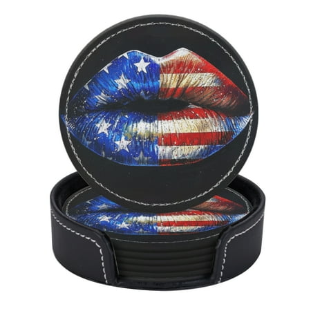 

PU Leather Coasters for Drinks Bar Beer Set of 6 with Holder Round Housewarming Gift Beautiful Lips Painted In The Colors Of American Flag