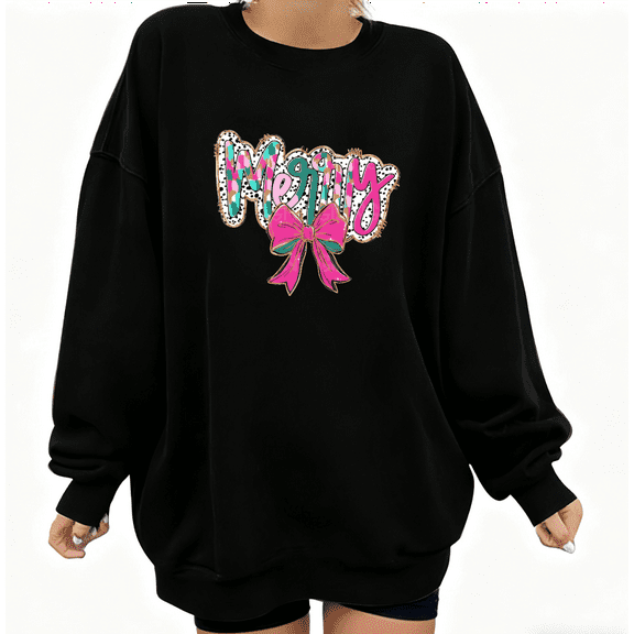 Women's Pink Bow Merry Christmas Graphic Comfortable Sweatshirt Festive Graphic Top Round-neck long-sleeved Black S-3XL
