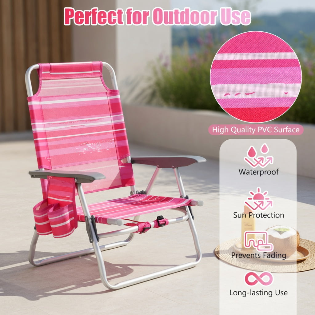 Hommoo 2-Pack Foldable Beach Chair with Adjustable Backrest, Head Pillow & Carry Bag, Hot Pink