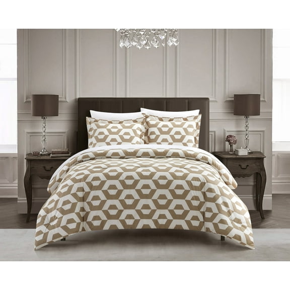 Chic Home Tudor 2 Piece Duvet Cover Set Contemporary Geometric Hexagon Pattern Print Design Bedding with Zipper Closure - Pillow Shams Included, Twin, Beige