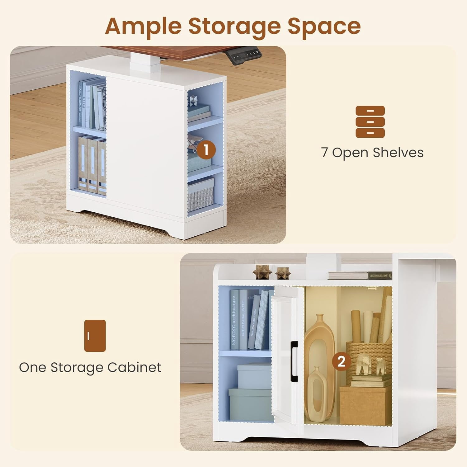 SEDETA Farmhouse Standing Desk with Storage, L Shaped Standing Desk with Power Outlets, Height Adjustable Two Person Desk with Drawers & Cabinet, Large Home Office Desk with Open Shelves, White