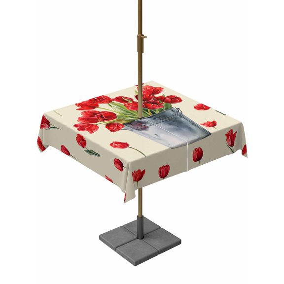 Outdoor Tablecloth with Umbrella Hole for Patio/Picnic/Party/Camping, Red Tulip Flowers Waterproof Table Cloth Square Cover Washable, Spring Floral Vintage Drum Country Yellow (60"x 60")