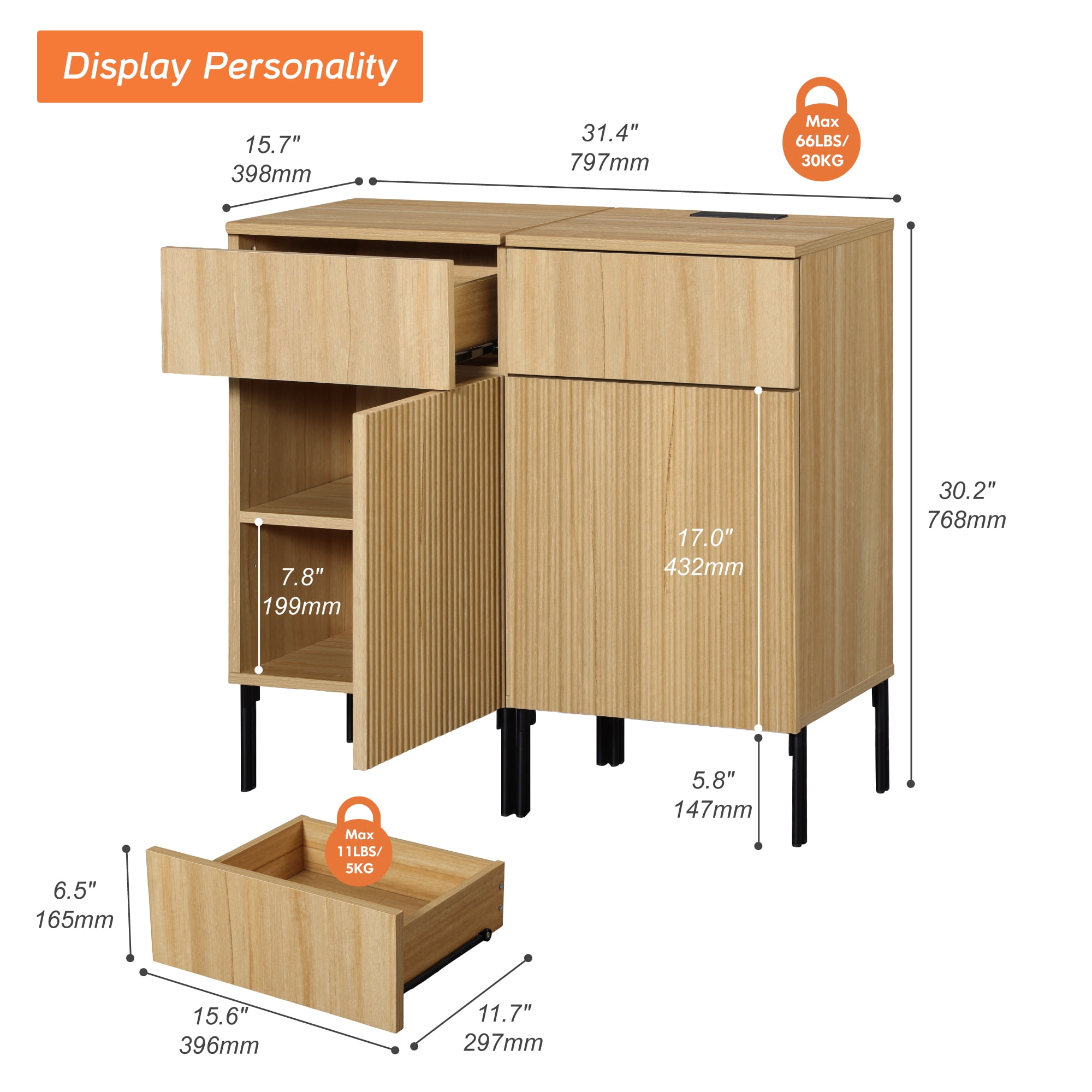 31.5" Reeded Accent Cabinet with 2 Doors and Adjustable Shelves, Modern Credenza Storage Cabinet with Charging Station for Living Room, Kitchen, Dining Room, Hallway