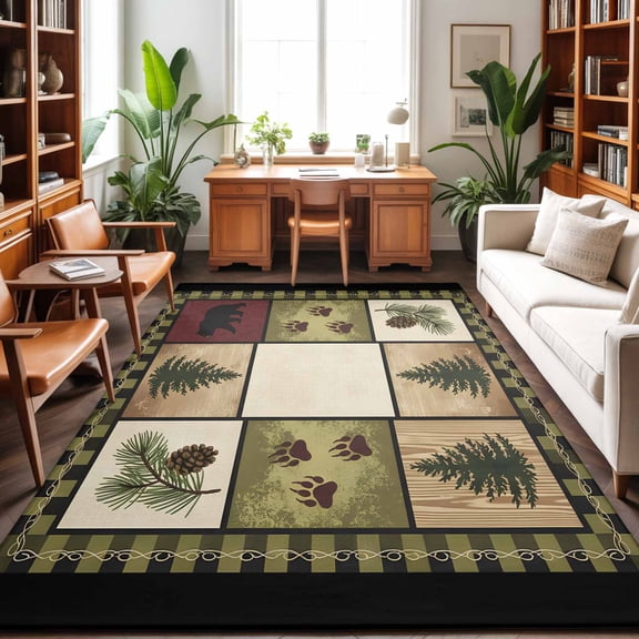 Large Area Rugs 9'x12', Cabin Buffalo Plaid Carpet Runner Indoor Outdoor Rugs Home Decor Aesthetic, Forest Bear Splicing Non Slip Mats Washable Accent Rug for Living Room Bedroom