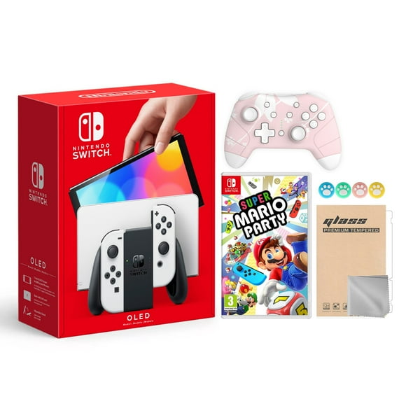 2021 New Nintendo Switch OLED Model White Joy Con 64GB Console Improved HD Screen & LAN-Port Dock with Super Mario Party And Mytrix Wireless Pro Controller and Accessories