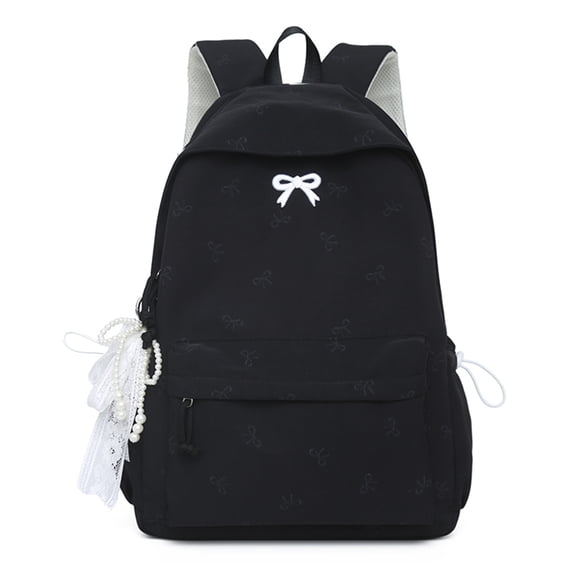 Solid Color School Backpack, Bow Embroidery Backpack with Pendant, Lightweight Breathable Bookbag for Middle School College, Black