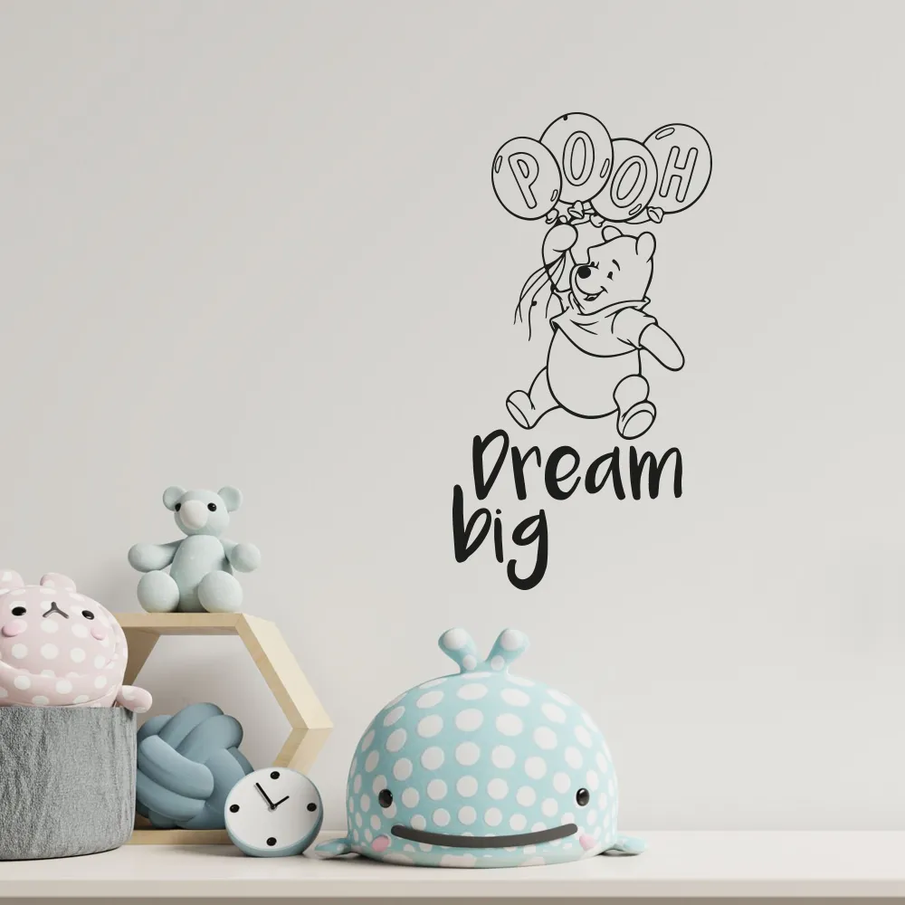 Dream Big Cute Winnie The Pooh Happy Face Balloon Jump Winnie The Pooh Quote Drawing Vinyl Wall Sticker Decal Art Décor Home Room Kids Room Boys Girls Room PoohLiving Room Decoration Size (30x12 inch)