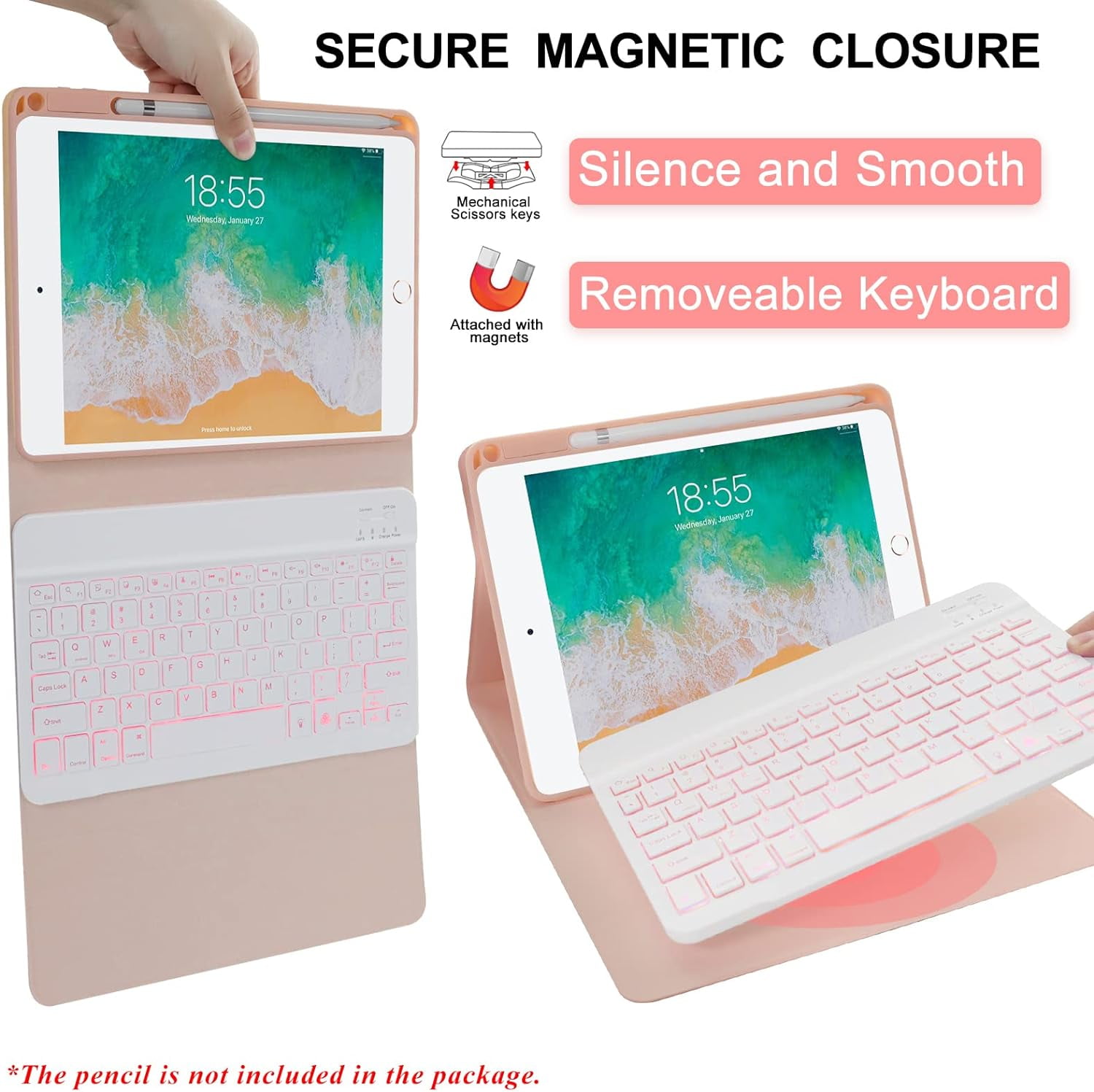 iPad 9.7 inch 5th 6th Generation Case with Keyboard, 360°Rotatable iPad Air 2 Keyboard Case with Pencil Holder(2018/2017/2014),7 Color Backlit Bluetooth Keyboard Smart Folio Tablet Cover(Pink)