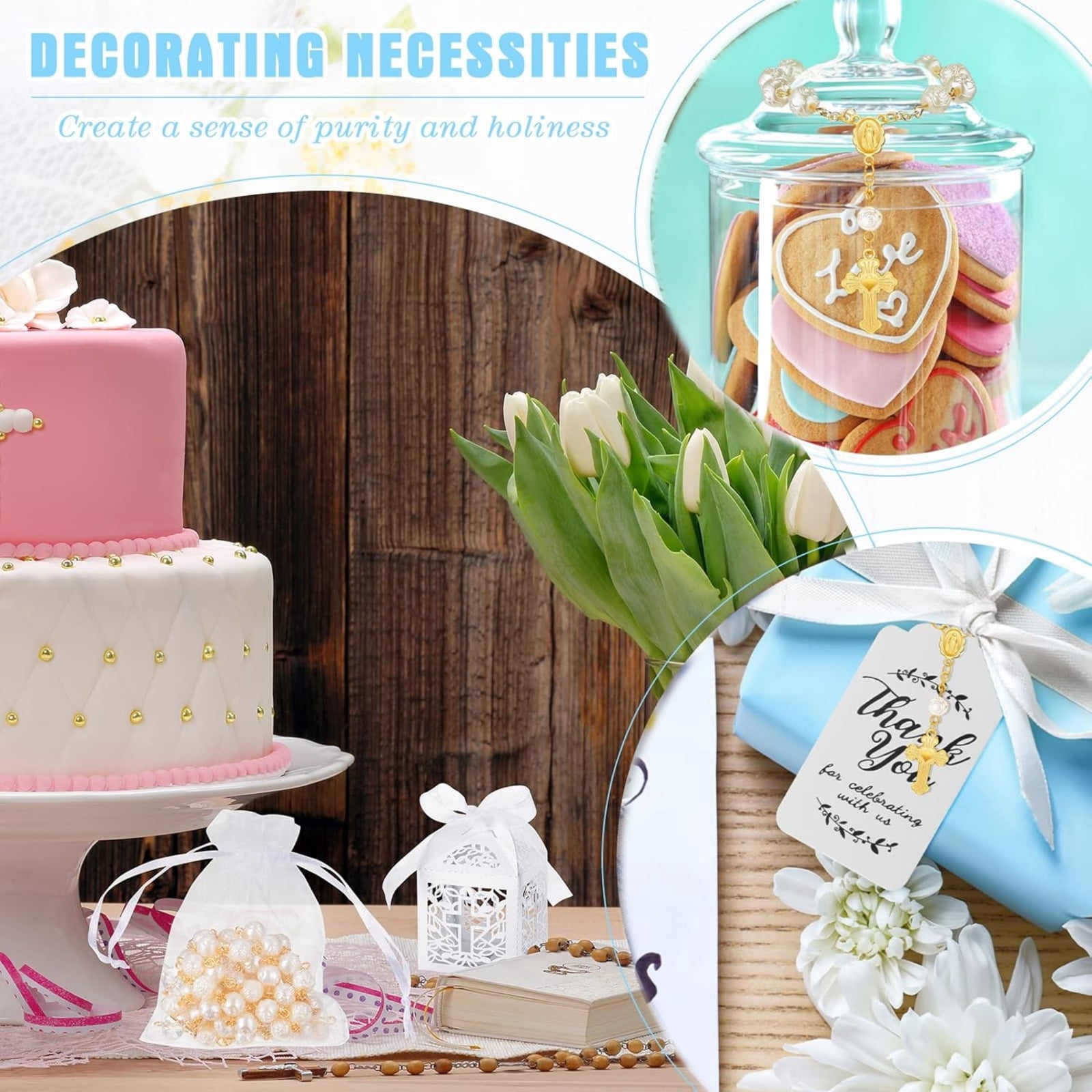 100 PCS Baptism Favors Set Includes Mini Rosary, Laser Cut Baptism Favor Boxes, Thank You Tags, White Organza Bags for Bautizo Recuerdos Christening Wedding Party Supplies