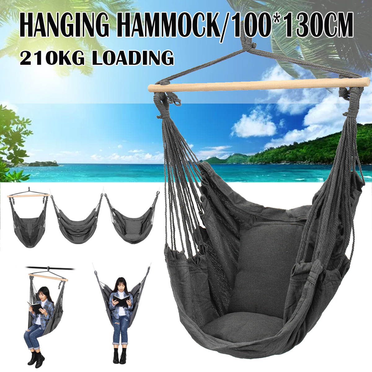 Hammock Chair Hanging Rope Swing-Max 463 Lbs-2 Cushions Included-Large Macrame Hanging Chair with Pocket- Quality Cotton Weave for Superior Comfort & Durability