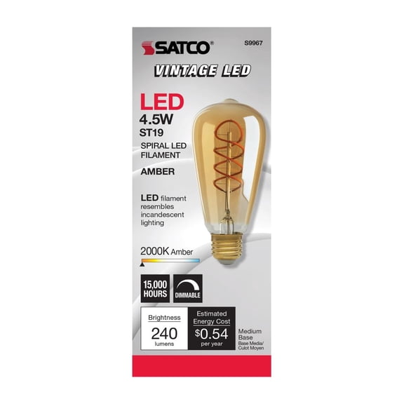 Satco S9967 ST19 Amber LED Light Bulbs 4.5W 120V 2000K E26 Medium Base Dimmable (6 Pack)