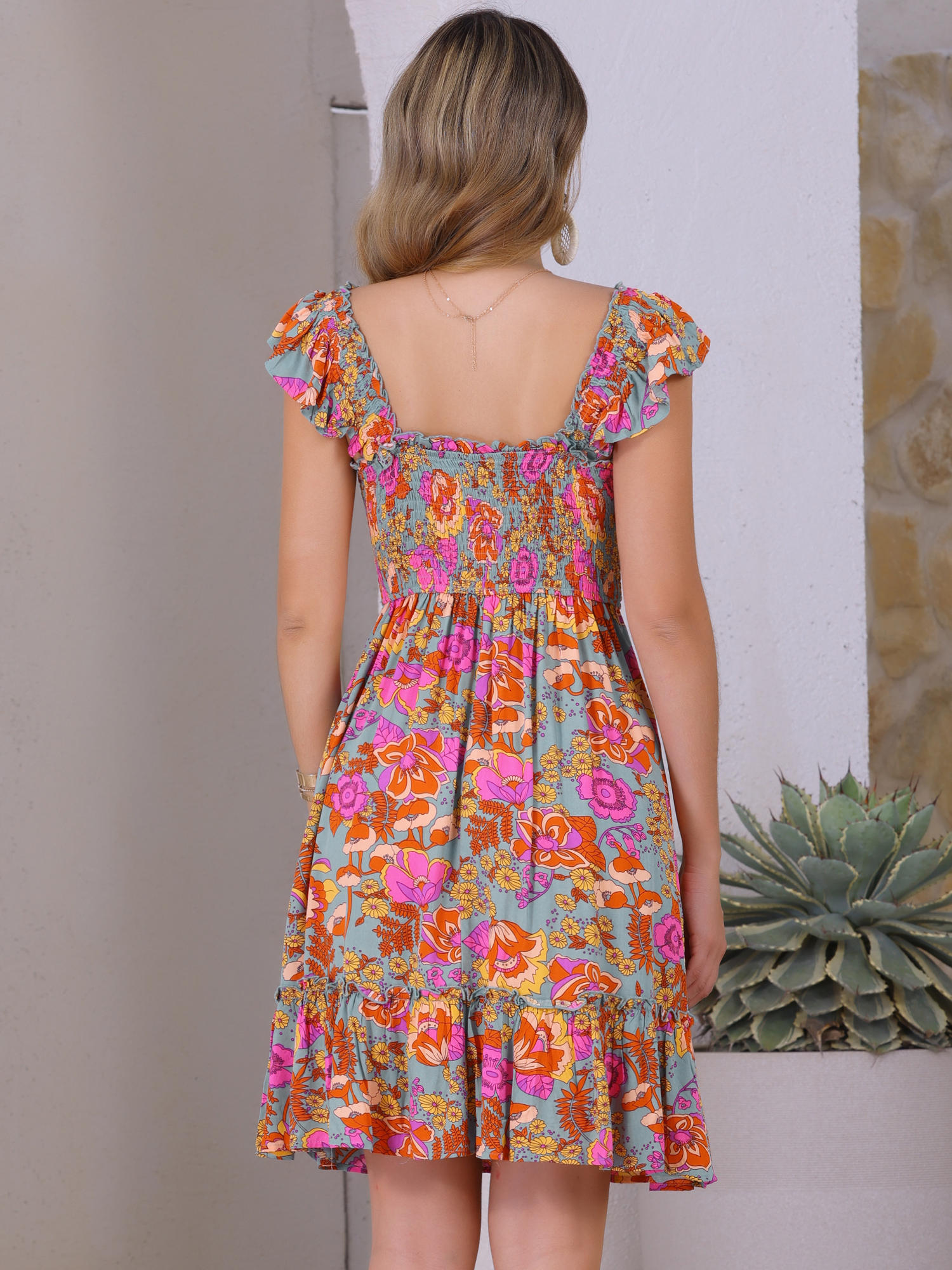 DARING DIVA Floral Smocked Sleeveless Square Neck Ruffled Dress S Sage Green