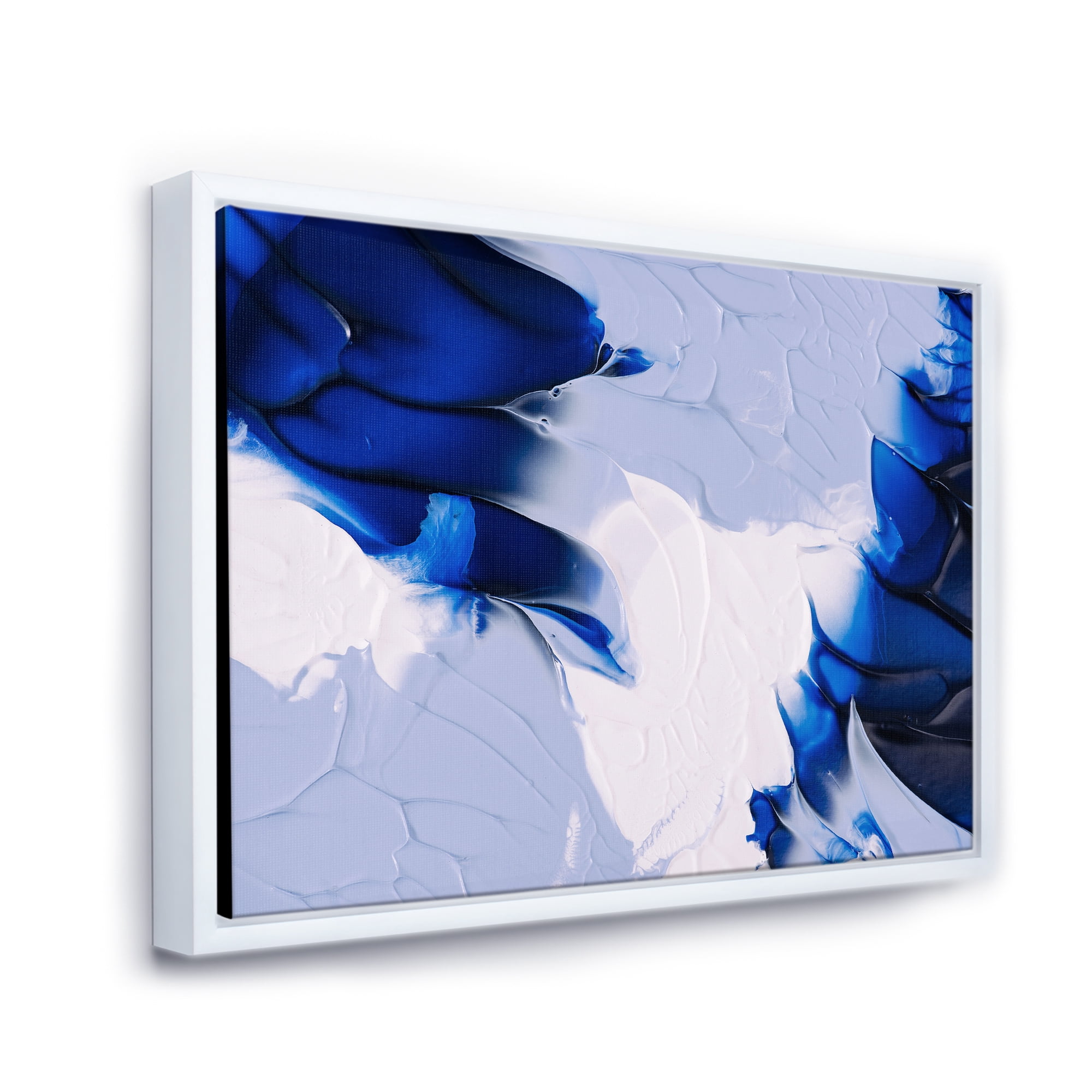 Abstract White and Blue Grey Waves 32 in x 24 in Framed Painting Canvas Art Print, by Designart