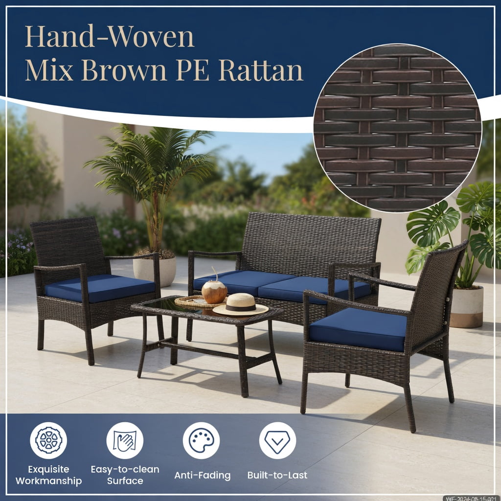 Hommoo 4-Piece Outdoor Wicker Conversation Set with Tempered Glass Coffee Table, Heavy-Duty Metal Frame, Weather-Resistant PE Rattan, Washable Cushions, Navy