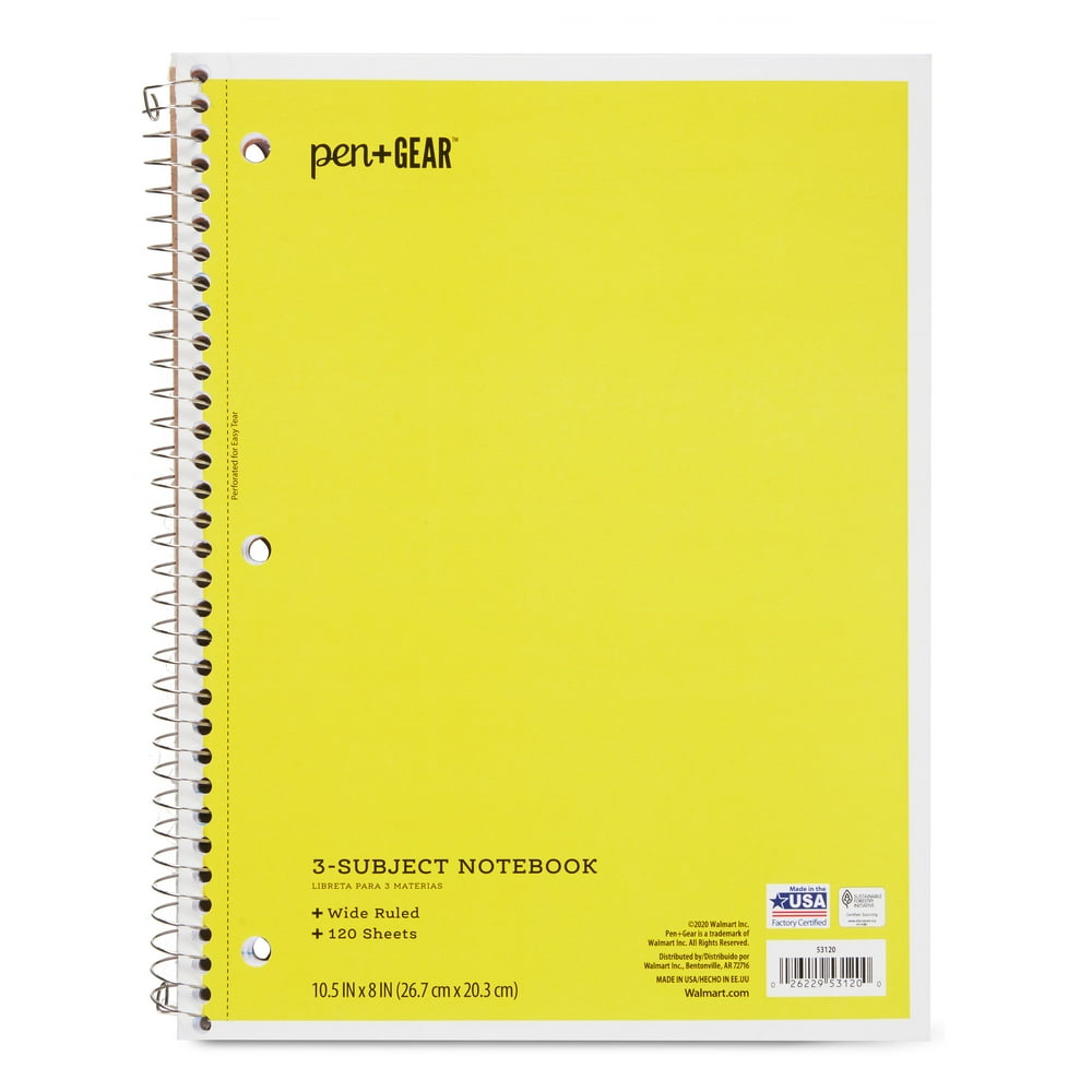 Pen+Gear Wide Ruled 3Subject Spiral Notebook, Yellow, 10.5" x 8", 120