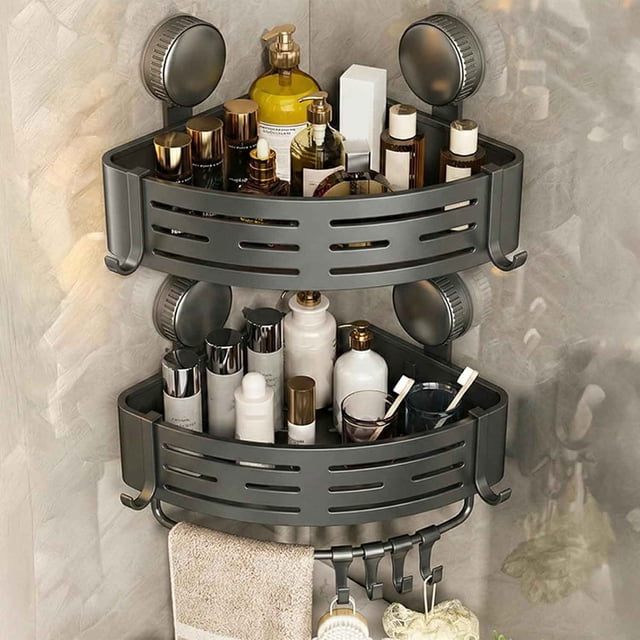 Organizador de Baño Repisas para Baño Estante de Ducha Sin Taladro, Esquinero para Regadera con Ventosas, Incluye Ganchos y Toalla (2 pcs)