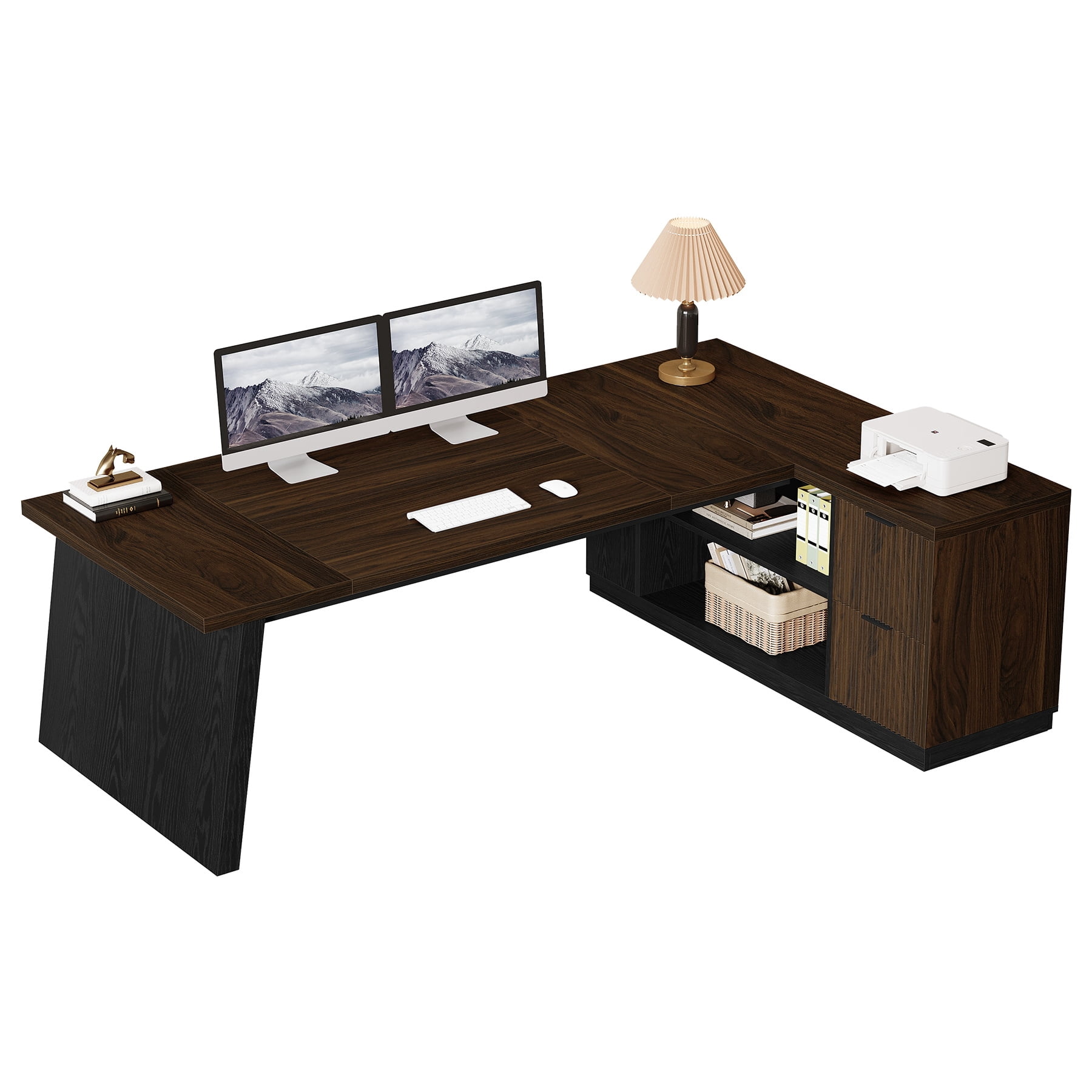 Fnova 77" Large L-Shaped Executive Office Desk with File Drawers and Storage Shelves, Modern Computer Desk Writing Desk for Home Office