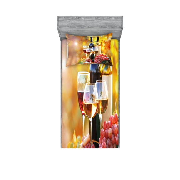 Ambesonne Wine Fitted Sheet & Pillow Sham Set, Wine Themed Grape Country, Twin, Orange Red Black