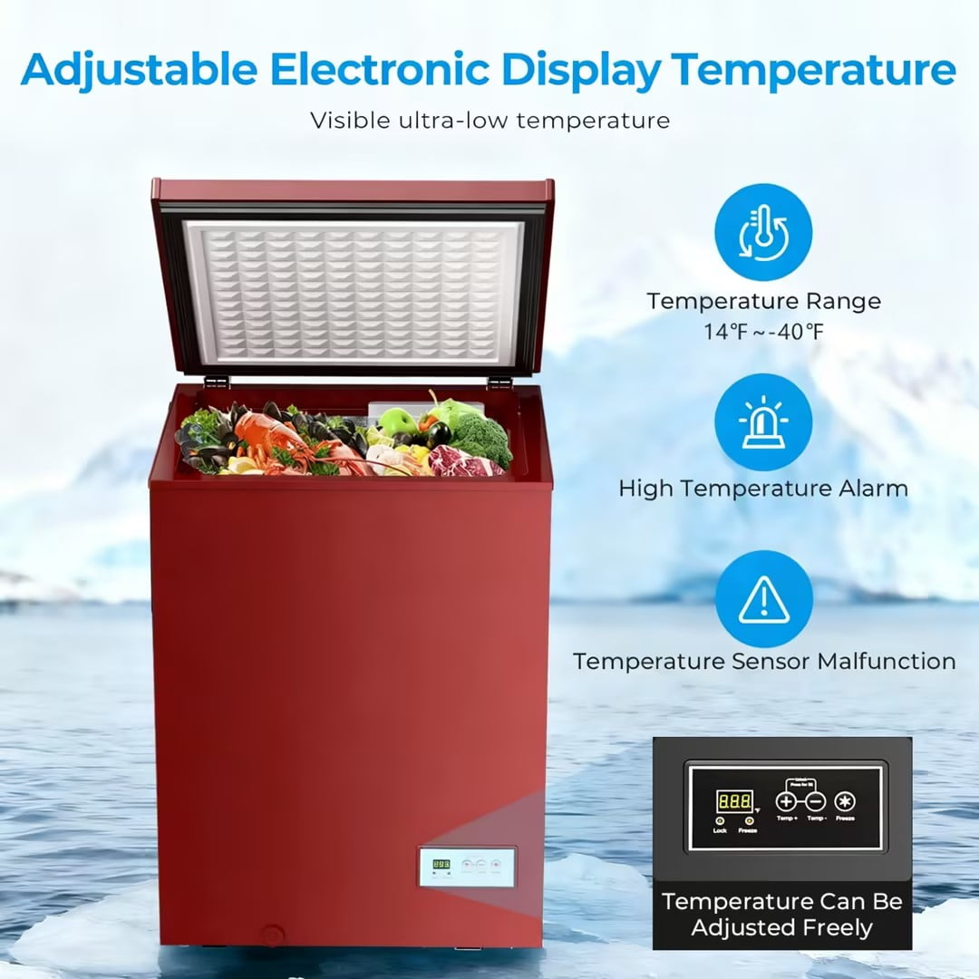 Auseo 3.8 Cu.Ft Chest Freezer Low Temperature Freezer with Removable Basket,Free Standing Top open Door Deep Freezer, Adjustable Temperature for Home, Basement, Kitchen, Red
