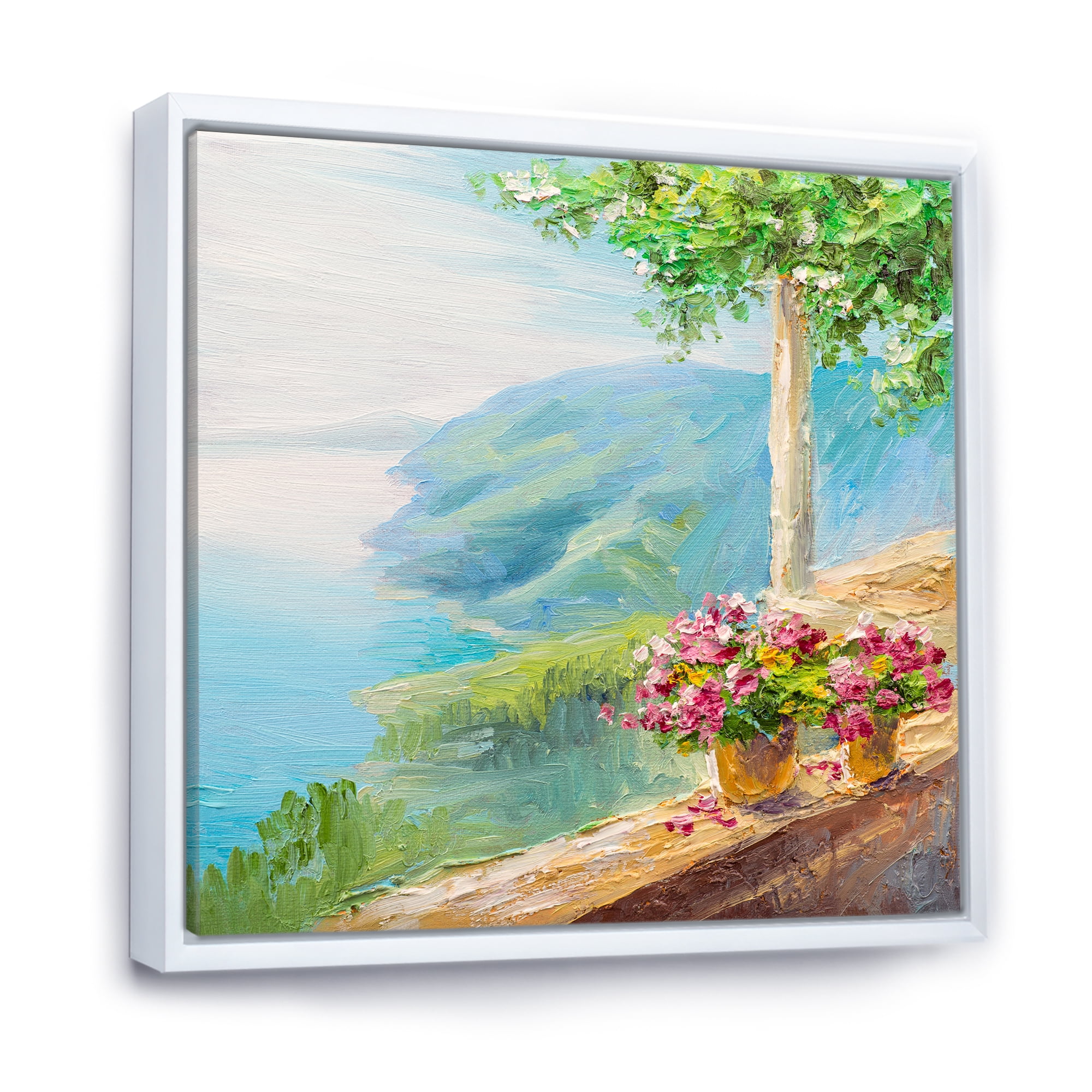 Designart 'House With Colorful Flowers Near The Sea V' Nautical & Coastal Framed Canvas Wall Art Print