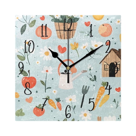 WOBOGO Log Cabin Apple Carrot Pattern Wall Clock 7.78 Inch Battery Operated Silent Unit Square Rustic Vintage Style for Home Bedroom Office Black Pointer