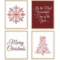 Hieng Red Christmas Winter Unframed Wall Art Prints, Tree Bell Snowflake Posters for Home Bedroom Livingroom Decor Set of 4