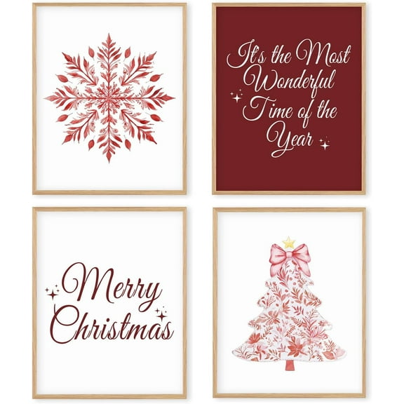 Hieng Red Christmas Winter Unframed Wall Art Prints, Tree Bell Snowflake Posters for Home Bedroom Livingroom Decor Set of 4
