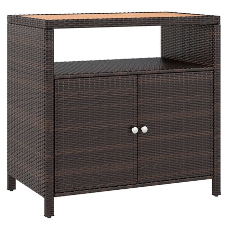 Outdoor Storage Cabinet Acacia Wood Top, Wicker Patio Bar Cabinet, Pool Towel Storage, 2 Door Weather Resistant Deck Cabinet, Brown