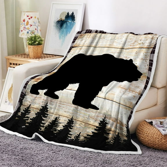 Rustic Forests Bear Throw Blanket, Brown Wooden Board Black Plaid Soft Flannel Bed Throw Blanket for Couch, Framhouse Retro Style Lightweight Fluffy Plush Fuzzy Sofa and Travel Bed Blanket 50X60in