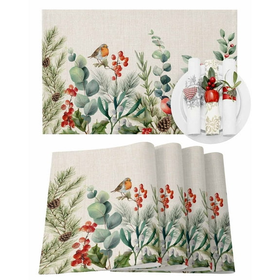 Christmas Plants Placemats Set of 2 Winter Eucalyptus Leaves Bird Berry Linen Heat Insulation Washable Place Mats, Rustic Non-Slip Table Mats for Dining Table Party Kitchen Decor,13x19 Inch