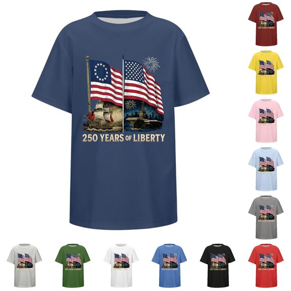 Huowey Boys Youth Graphic Tees 4Th Of July Shirt Short Sleeve Casual Crewneck Loose Fit Base Top Stylish Celebrate National Flag Print 250Th Anniversary T-Shirt Independence Tshirts,6-7 Years