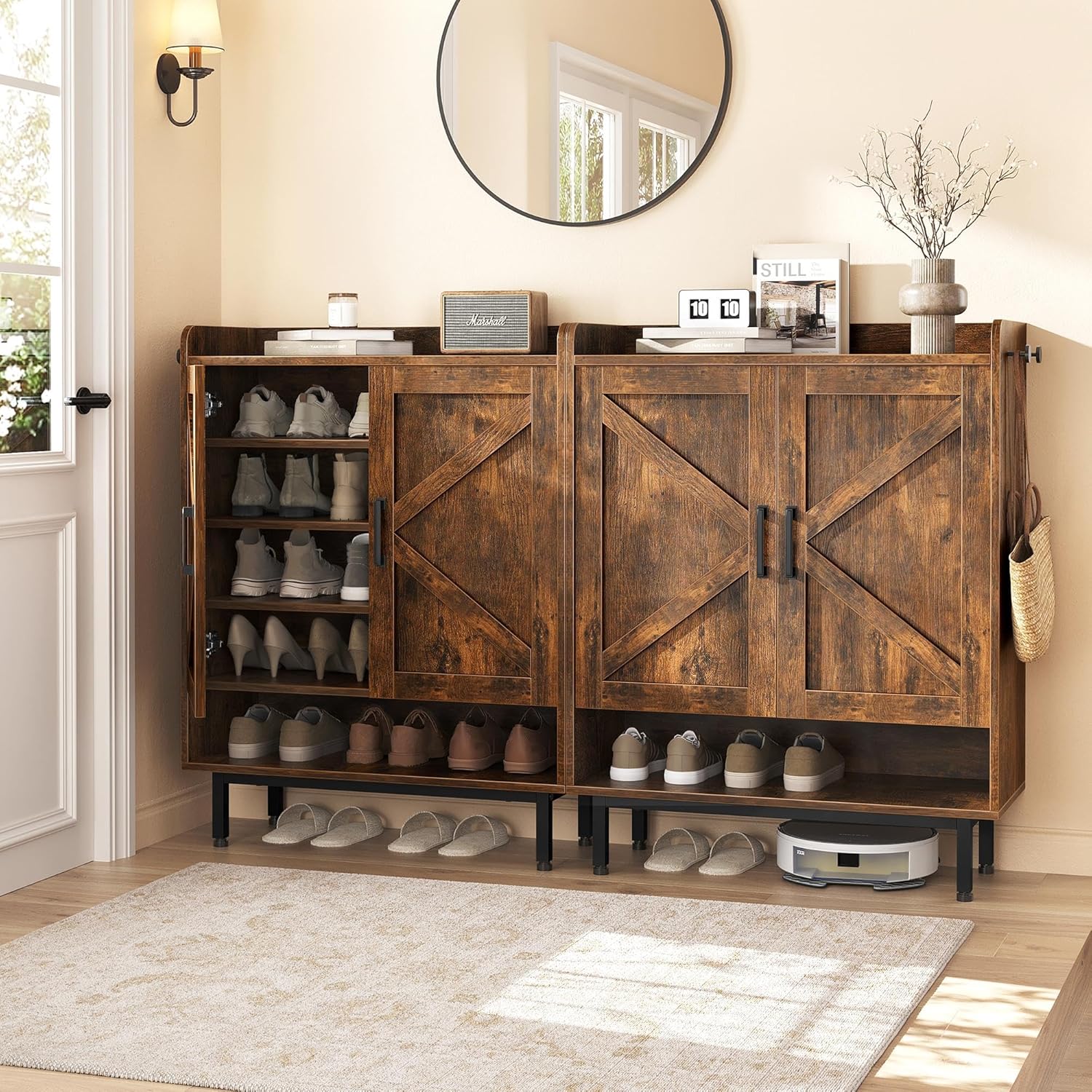 Shoe Storage Cabinet with Doors, Farmhouse Shoe Cabinet with 2 Adjustable Shelves and 4 Side Hooks, Wooden Shoe Rack Organizer Cabinet for Entryway, Foyer, Hallway, Rustic Brown