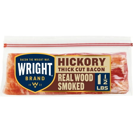 Wright Brand Hickory Real Wood Smoked Thick Cut Sliced Refrigerated Bacon, 24 oz
