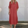 thumbnail image 2 of UsYezik Women's Casual Dresses V Neck 3/4 Sleeve Spring Casual Dresses Cotton Linen Long Solid Flowy T-Shirt Midi Dress Red M, 2 of 5