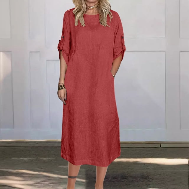 Gspmoly Robes Décontractées pour Femmes, Mode Femmes Été Décontracté Uni Col en V Manches Courtes Longue Robe Robes Formelles pour Femmes Articles en Liquidation