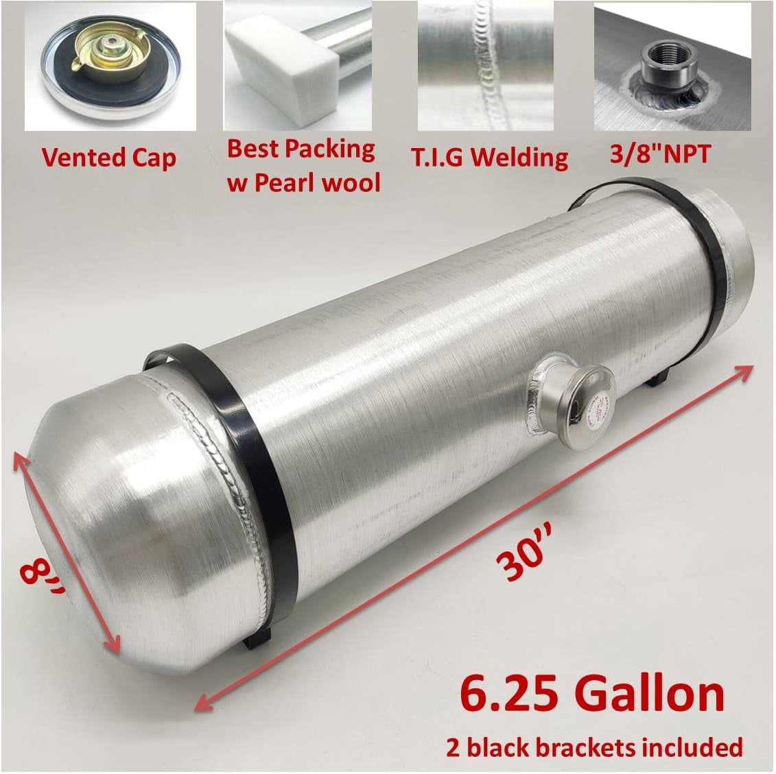 JSD AUTO PARTS 6.25 Gallons gal Aluminum Gas Tank / Fuel Tank 8 x 30" Center Fill 3/8" NPT Outlet
