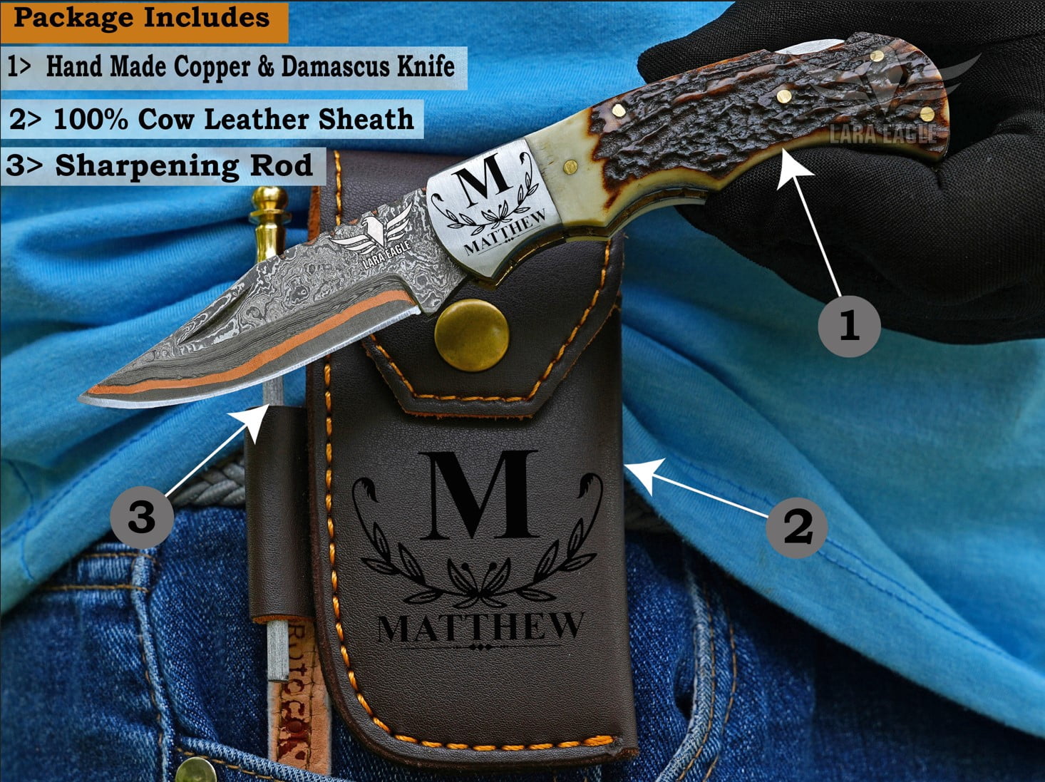 Personalized Handmade Copper Damascus Folding Knife for Men- Copper Anniversary Pocket Knife - Groomsman Gift Knife- Outdoor, Camping, Hunting & Survival Gift for Him