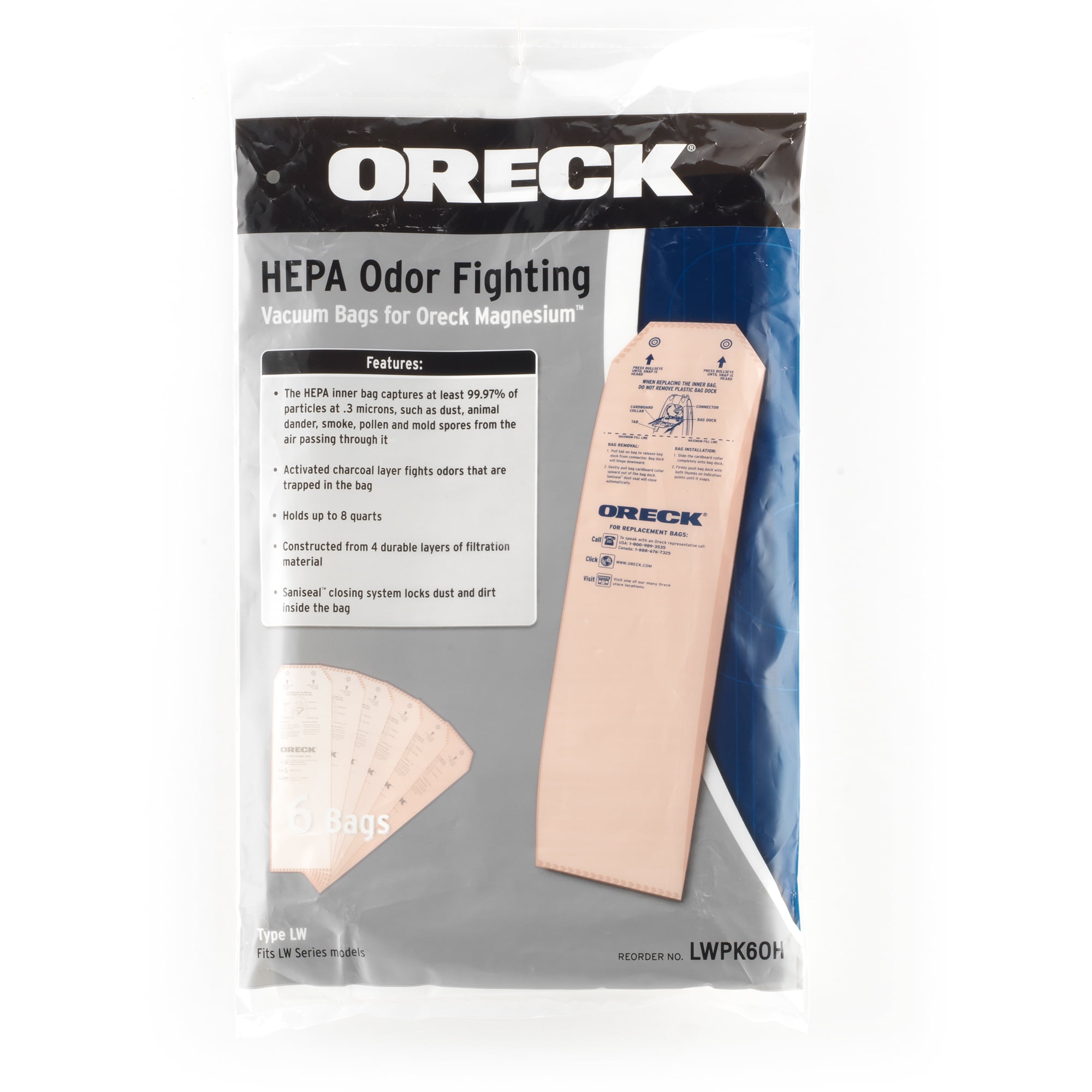 6 Pack Oreck Upright Type LW Odor HEPA Vacuum Cleaner Bags Magnesium LWPK60H 