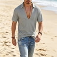 thumbnail image 2 of GrmtClth Mens Spread Collar Deep V-Neck Polo Shirt Casual Waffle Knit Short Sleeve Top Lightweight Breathable Textured Solid Color Summer Daily Wear Fashion Tops Light Gray 3XL, 2 of 5