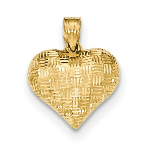 Finest Gold 14K Yellow Gold Polished Basket Weave Pattern 3-D Heart Pendant