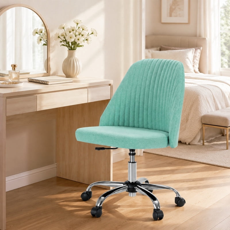 BEAUTYPEAK Armless Vanity Chair Adjustable Swivel Fabric Desk Chair with Padded Seat Wheels Mid-Back Office Chair, Mint