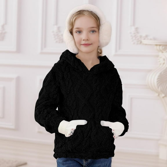 VKOYWKM Girls Fuzzy Fleece Pullover Warm Winter Hoodies Sweatshirt Casual Long Sleeve Loose Kids Sherpa Hoodie with Pocket