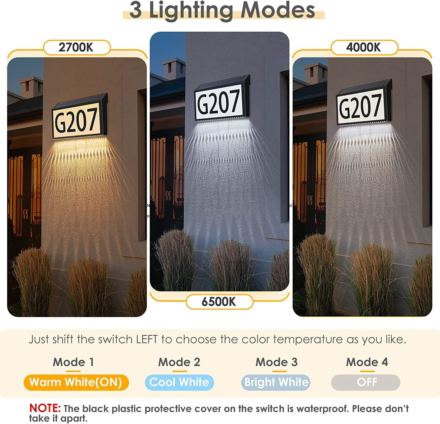 Solar Address Light for House Numbers, Outdoor Waterproof LED House Number Light with 3 Modes,Weatherproof for Front Door, Porch, Mailbox, Gate Post - IP65