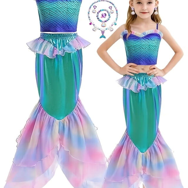 Conjunto De Sirena Para Niñas, Top De Camisola Y Falda De Cola De Pez, Decoración De Tul Con Estampado De Escamas De Pescado, Disfraz De Cosplay Para Fiesta En La Playa, Ropa Para Niños