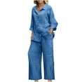 thumbnail image 2 of UPPADA 2 Piece Outfits for Womens Summer Outfits 2025 Dressy Casual Half Sleeve Button Down Shirt Wide Leg Pants Lounge Set Blue,M, 2 of 7