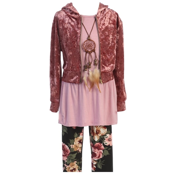 Little Girl 4 Pieces Hoodie Jacket Tank Top Legging Floral Holiday Girls Pant Set Rose 4 JKS 2099 BNY Corner